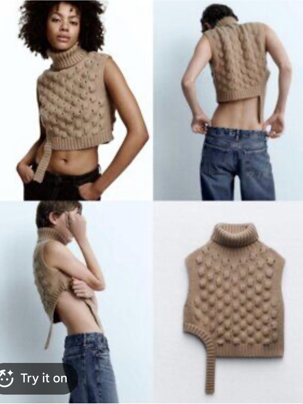 Zara Sleeveless Turtleneck Bobble Knit Crop Sweater - Beige size M. Like new.